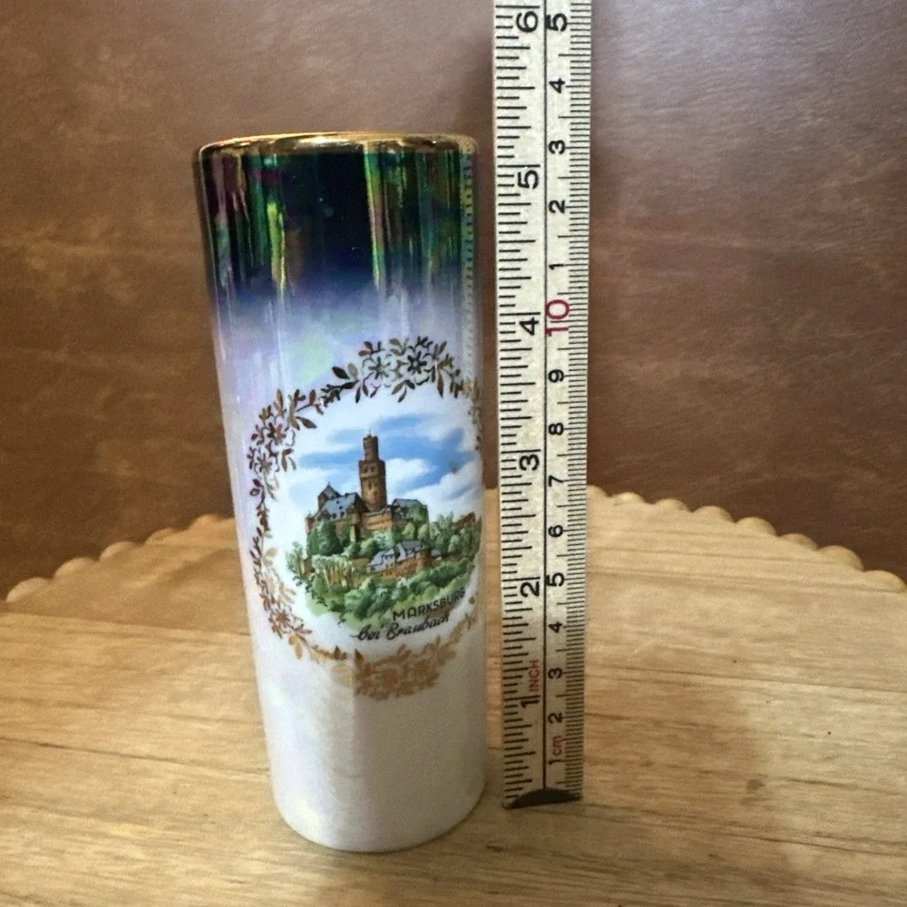 Gerold Porzellan Bavaria Small Vase With Marksburg City Scene Gold Trim Iridesce